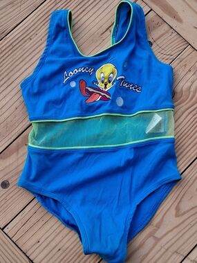 Warner Bros. Blue Swimwear with Neon Green Mesh and Looney Tunes Tag Kids Size 4
